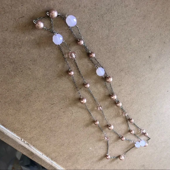 Silver Tone Opera Length Necklace with Pink & Silver Beaded Accents - Picture 2 of 5